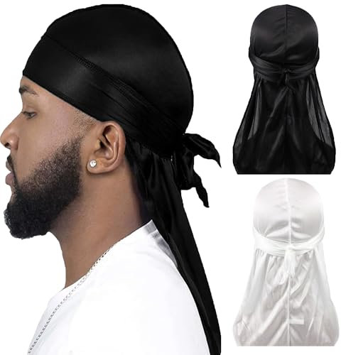 CINY Durag de Seda Satinado para Hombres y Mujeres, Gorro de Onda Sedoso Bandanas Piratas, Pañuelos de Cabeza de Satén Turbante para el Cabello con Cola Extra Larga （1 Negro y 1 Blanco）