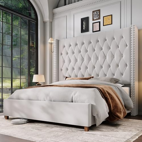 Jocisland Queen Size Bed Frame 61.4 Extra Tall Wingback Headboard Velvet Upholstered Deep Button Tufted Platform Bed with Solid Wood Legs & Wood Slats, No Box Spring Needed, Cream
