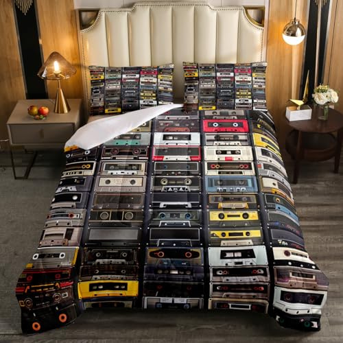 Erosebridal 3D Audio Cassettes Duvet Insert King Retro Music Theme Bedding Set for Kids Teen Adults Men Women Retro Musical Old Mixtape Comforter Set Hip-Hop Hippie Hipster Bed Set 2 Pillow Cases