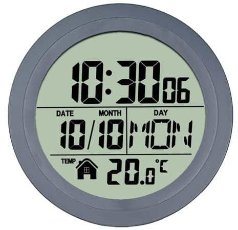 Gralara Reloj de Ducha Digital Redondo de 5,7 Pulgadas con Ventosa y Pantalla de Temperatura, Marco de PP Gris
