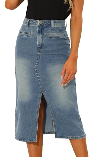 Allegra K Women High Waist Washed Denim Jean Slit Front Midi Skirt | Straight cut with side splits. Functional pockets. Versatile for office or party. Soft washed finish.