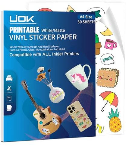 Sticker Papier zum Bedrucken, Matte Weiß Vinylfolie Sticker Papier zum Bedrucken 30 Blätter Bedruckbares Vinyl für Tintenstrahldrucker, A4 Selbstklebende Folie zum Bedrucken für DIY-Aufkleber