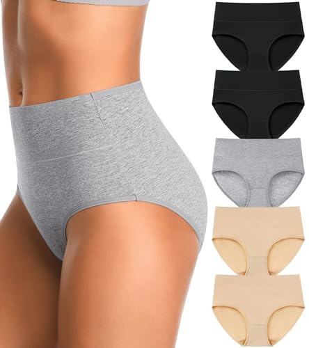 IROCUE High Waisted Underwear Cotton Brief Ladies Panties Full Coverage Breathable Tummy Control Underwear for Women Multipack-L