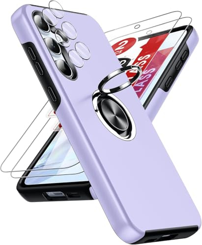 LeYi für Samsung A55‑5G Hülle mit 2*Panzerfolie & 2*Kamera Folie-Lila | Samsung Galaxy A55‑5G Hülle für TPU Militärschutz Hybrid Schutzhülle mit 360° Metall Ring Halter Ständer Stoßfest Case Cover