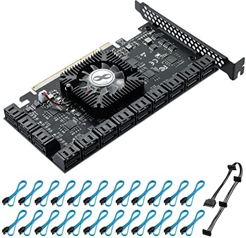 YBBOTT PCIe 16X SATA 24-Port Expansion Card, 6Gbps, 24 SATA Cables, Non-Raid Adapter for Windows & Linux (ASM1812 + ASM1064)