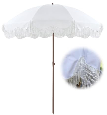 Elyrthriumc Blanc Parasol À Frange 200cm Portable Parasol De Plage Extérieur Parasol Inclinable De Jardin Parasol De Terrasse À 8 Côtes Parasol Plage Pliable Avec Sac De Transport Anti UV Imperméable