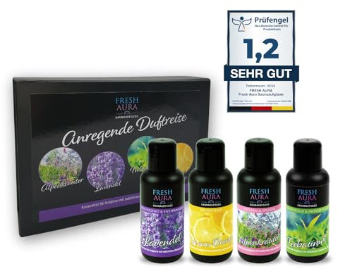 FRESH AURA Saunaaufguss Set – Sauna Aufgussmittel Geschenkset 4 x100 ml mit natürlichen ätherischen Ölen – Sehr ergiebige und langanhaltende Saunadüfte – Anregende Duftreise | Made in Germany