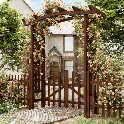 Yajuer Garten-Spalierbogen, Gartenlaube, Hochzeitsbogen im Freien, beschwerter Holzbogen für Rasen, Party, Zeremonie, Hinterhof, Kletterpflanzen (Color : Cozy Brown, Size : Arch+Inner Door)