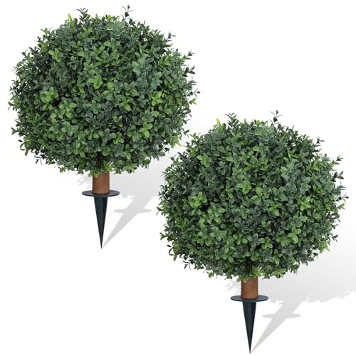 Konstgjorda buxbom-kulträd med jordspik set med 2, 62,5 cm UV-beständiga fuskbuxbomsbuskar för inomhus/utomhusdekor – falska växter perfekt för trädgård, veranda och uteplats
