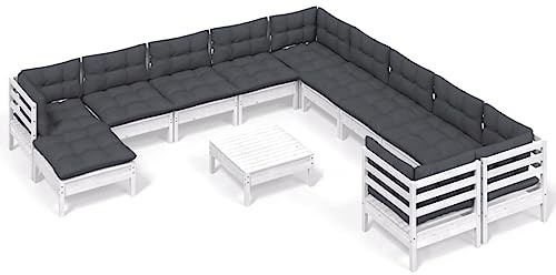 WEMYUFURN 12-TLG. Garten-Lounge-Set mit Kissen Weiß Kiefernholz, Outdoor-Sitzgruppe, Terrassen-Lounge-Set, Garten-Couchgarnitur - Wetterbeständig, Komfortabel - für Terrasse, Garten und Balkon