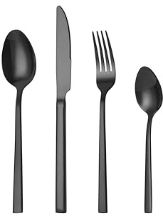 Mr.Spoon Juego de 24 Piezas Cubiertos Acero Inoxidable,18/0, Negro brillo Colores Cuberteria Servir para 6 Personas Cuberterías Incluye Cuchillo/Tenedor/Cuchara.Para Casa, Hotel, Restaurante