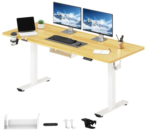SANODESK Höhenverstellbarer Schreibtisch elektrisch 160x60 cm | mit Memory-Funktion, Elektrischer Steh-Sitz Tisch für Heimbüro, Ergonomischer Computertisch mit Modernem Design (Ahorn)