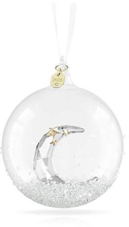 Swarovski Annual Edition Weihnachtskugel 2025, Festliche Glaskugel mit 2.200 Kristallen, Mondsichel mit Goldfarbenen Sternen und Weißem Ripsband, Größe: 10.9 x 7 x 7 cm