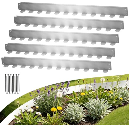 FIVMEN Rasenkante Beeteinfassung Metall Beetumrandung Mähkante Verzinkt mit 50 Erdanker Flexible Beetbegrenzung Rasenbegrenzung Silber, 100x10 cm 10 Stück