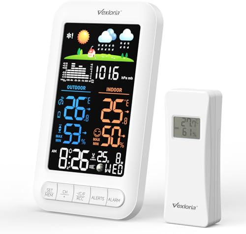 Vexloria Wireless Weather Station with Outdoor Sensor, Indoor Outdoor Thermometer Hygrometer with Barometer, Weather Forecast, 100m Range, 3 Sensor Support, UK Weather Station