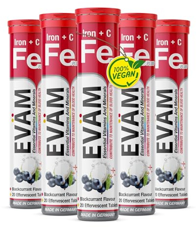 EVÄM Eisen + Vitamin C Brausetabletten 82g I Geschmack Schwarze Johannisbeere I 5x20 Stück I Nahrungsergänzungsmittel mit Vitaminen für täglichen Vitaminbedarf I Vegan I Made in Germany