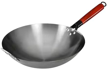 Gcljlmy Wok Chino Wok con Mango de Madera, Cocina Inducción, Manual de Cocina, Sartén de Hierro Forjado, No Recubierto, Sartén Wok antiadherente (34 cm)
