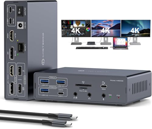 JCYMELE Thunderbolt Docking Station 3 Monitors 4K@60Hz for M1 M2 M3 M4 MacBook Pro/Air with DisplayLink Technology, 19 in 1 USB C Dock with 2 HDMI & 2 DisplayPort, PD 100W, QC 18W, USB 3.2 10 Gbps