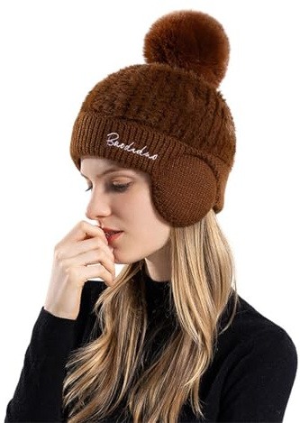 Generisk badmössa dam textil med hårboll tröja yllemössa kall varm stickad mössa gul mössa dam, BRUN, one size