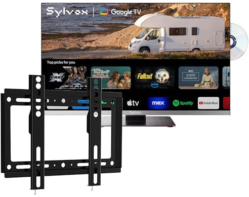 SYLVOX 22“ Smart Google TV pour Camping & Support TV Réglable| Lecteur DVD| DC 12V 1080P| Triple Tuner Intégré DVB-T2/S2 Lunette Extrêmement étroite Téléviseur pour Camping, Salon,Caravane