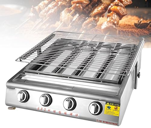 Tabletop Plancha Gaz Inox, Barbecue Portable 4/8/10 Brûleurs avec Support Réglable, Brasero de Jardin en Acier Inoxydable, Cuisson Infrarouge Céramique pour Patio(4 Burner)