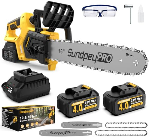 SundpeyPRO Motosega Elettrica a Batteria, 12+16 Pollici Brushless Motosega Senza Fili con 2x4,0Ah Batterie, 5 Sicurezza Funzioni, Sistema Lubrificazione Automatica, per Potatura e Taglio Alberi Legno