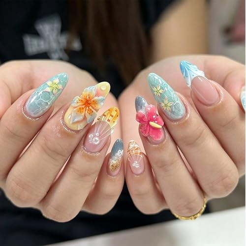 Tastetreasure 30Stk Sommer Insel Press on Nails, Mandel Künstliche Nägel mit 3D Blumen & Wassertropfen, Ozean Blau Farbverlauf Muschel Fingernägel zum Aufkleben Set für Frauen mit Kleber Feile