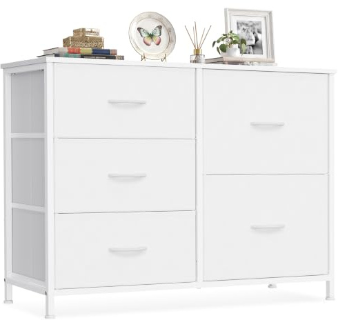 SONGMICS Kommode mit 5 Schubladen, Schubladenschrank aus Stoff und Metall, für Schlafzimmer und Wohnzimmer, 98,7 x 30 x 74,7 cm, Wolkenweiß, BELLAH Kollektion LGS235W101