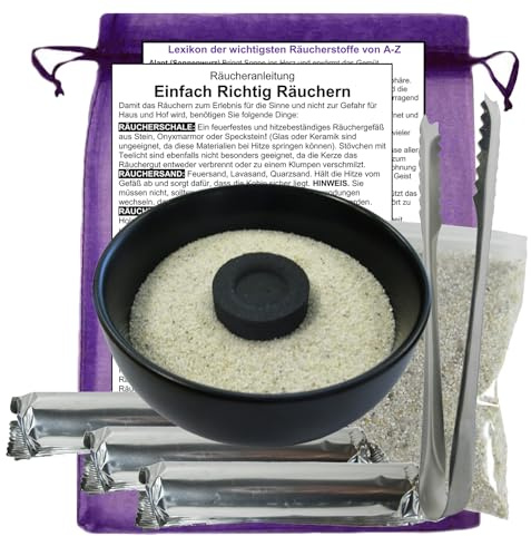 Räucherset 8-TLG Starter-Set zum räuchern & Ausräuchern negativer Energie RÄUCHERSCHALE, Räucherkohle, RÄUCHERZANGE, Räuchersand, Anleitung, Lexikon der Räucherstoffe, Täschchen 81590-SZ