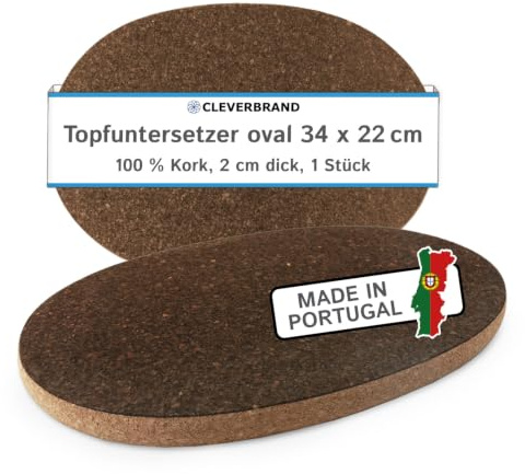Cleverbrand Topfuntersetzer aus Kork, hitzebeständig oval-rund, 34 x 22 cm, 2 cm dick, oval, Naturkork Untersetzer für Töpfe und Pfannen – Made in Portugal