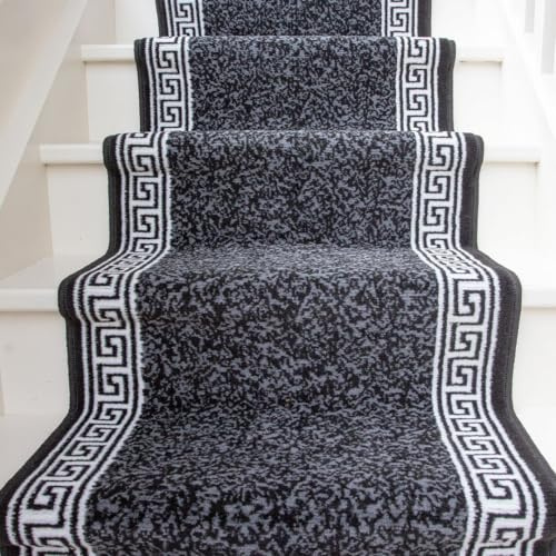 Dark Grey Stair Carpet Durable Graphite Cream Aztec Tribal Border Stair Runner Rug Custom Length Width - Sold and Priced Per Foot 2' 3 x 20'