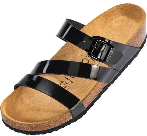 Palado Pantoletten Damen Chios - bequeme Sandalen Made in Spain - Hausschuhe mit dämpfendem Kork-Fußbett - modische Sommerschuhe Basic Schwarz Lack UK7 - EU40