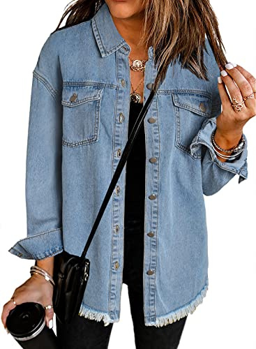 Dokotoo Jean Jacket Women Spring Summer Fall Country Concert Outfits Casual Long Sleeve Denim Shirt Distressed Boyfriend Denim Jacket Shackets Western Jean Jacket Womens Clothing Sky Blue Jackets L