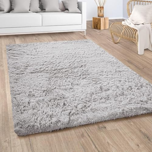 Paco Home Hochflor Teppich Wohnzimmer Fellteppich Kunstfell Shaggy Flauschig Grau Silber, Grösse:140x200 cm
