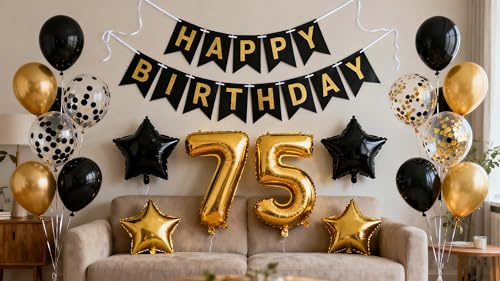 Fechy Dekorationen zum 75. Geburtstag, Schwarzgold, für Männer und Frauen, Happy Birthday-Banner, Zahl 75, Geburtstagsballons, Sternfolien-Konfetti-Ballons für Ihn, Ihre Mutter, Väter, 75 Jahre alter