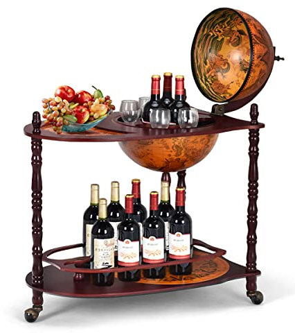 RELAX4LIFE Globusbar auf Rollen, Barwagen mit Weltkugel, Bartisch Massivholz, Servierwagen mit Weinflaschenhalter, Mobile Cocktailbar Antik-Optik, Dekobar Minibar Serviertisch (Vintage, Ø33 x 88 cm)
