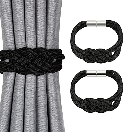 Pretty Jolly 2 Stück Starke Magnetische Raffhalter für Vorhänge, Dekorative Vorhang-Raffhalter, Handgewebtes Seil, Knoten-Vorhanghalter für Zuhause und Büro, Fenstervorhänge (Schwarz)