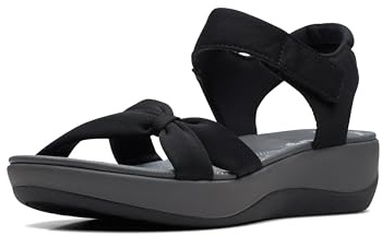 Clarks Women's Arla Shore Flat Sandal, Black Textile, 8 Medium US