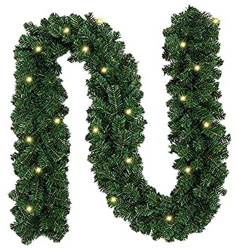 Tubiaz Ghirlanda natalizia 5 m con illuminazione a 100 LED, luce bianca calda, ghirlanda di Natale artificiale, corona per porta, decorazione con rami di pino per interni ed esterni (5 m con 100 LED)