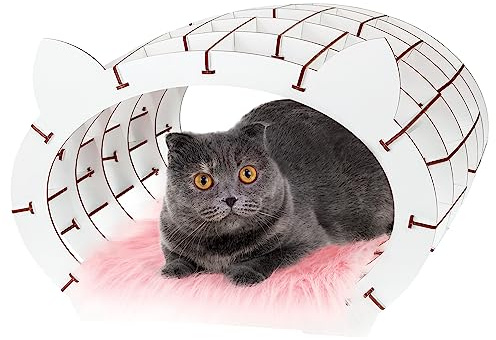 EWA Eco-Wood-Art - Katzen Bett Holzpuzzle Erwachsene & Kinder - weißes Haus mit rosa Fell Katzen Höhle Rätsel Geschenkbox - 3D Puzzle für Kinder ab 14 Jahren & Erwachsene