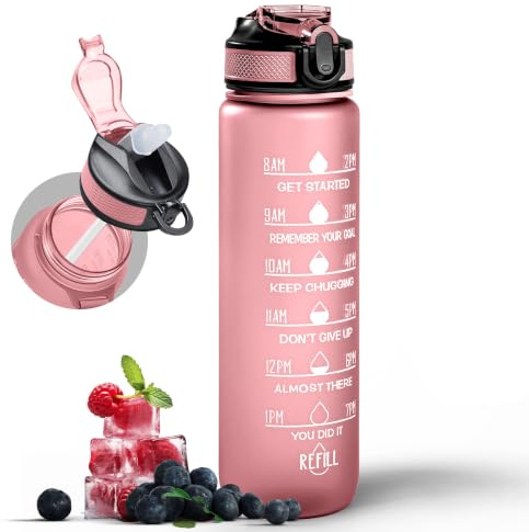 Active 100 Water Bottle 1000ml Sports Water Bottle with Motivational Time Marker & Straw, Dishwasher Safe Leak-proof Drink Bottle BPA Free Non-Toxic Tritan Material 1 Click Open for Running Gym