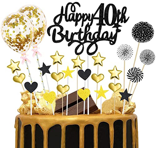 Happy 40th Birthday Cake Toppers Black Gold Glitter Happy Birthday Cake Topper 40th with Star Heart Paper Fan Balloon 25pcs Birthday Cupcake Topper for Men Him Forty Anniversary Birthday Party Decor