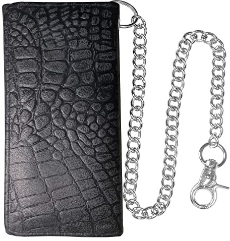 Jackets 4 Bikes HERITAGE Men’s Motorcycle Chain Wallet – Premium Cowhide Leather RFID Tri-Fold Biker Wallet with Heavy Duty Chain, Long Credit Card & Cash Organizer for Truckers Hunters Croc Black