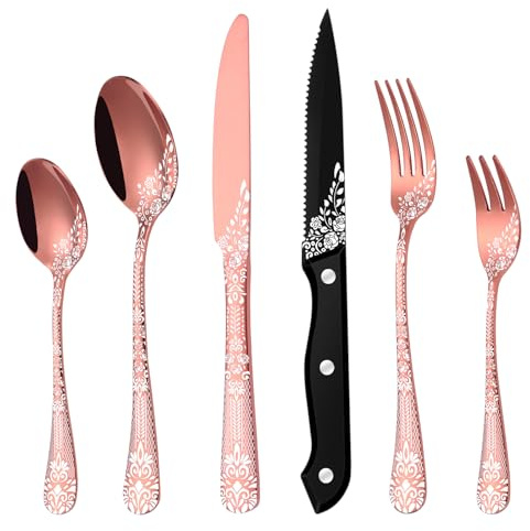 36-teiliges Besteck Set Roségold für 6 Personen, HONKKU Edelstahl Besteckset mit Steakmesser, Essbesteck Set Spiegel Polierter mit Blumenmustern, Gabel Löffel Messer Set Geschirrspüler Safe