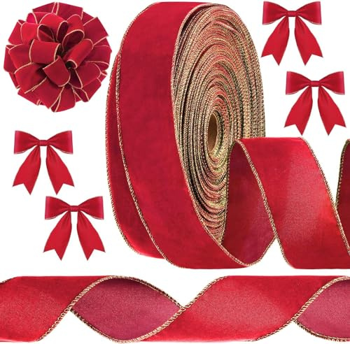 LATERN Weihnachts-Samtband, 28 m breit, 6,3 cm breit, verdrahtet, Samtband mit goldenem Rand, für Weihnachtsgeschenke, Weihnachtsbaum, DIY, Kranz, Weihnachtsschleife, Dekoration (rot)