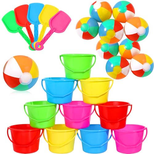 Chitidr 20 Set Beach Pail Sand Bucket and Sand Shovel Set for Kid,Include 20 Plastic Bucket 20 Beach Shovel 20 Inflatable Ball for Summer Pool Water Birthday Party Supplies