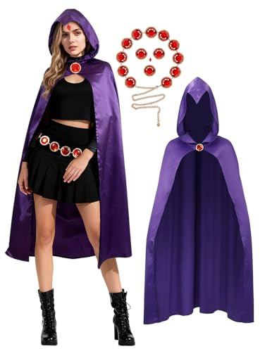 Raven Cosplay-Kostüm für Damen, Deluxe-Overall, violetter Kapuzenumhang mit roten Steinen, Kette für Cosplay, Anzug für Erwachsene