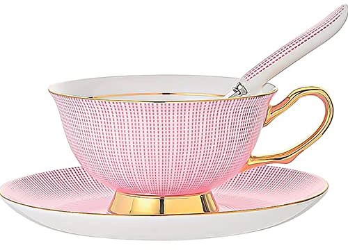 HUAMu Ensemble Tasse Soucoupe Porcelaine Anglaise à la Cendre d'os, Bone Chine Service à Thé Café,avec Cuillère,Rose- 1 Set 200ml