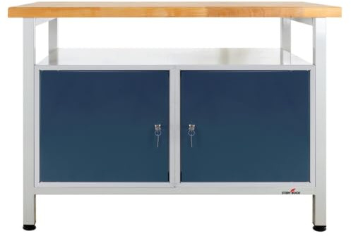 Steinbock Werkbank 2 Türen + Boden | 120x84x60 cm | 300 kg | Grau | 300 kg Tragkraft | 4 cm geölte Massivholz-Arbeitsplatte aus Buche | stabiles Stahlgestell | Werktisch | Made in EU