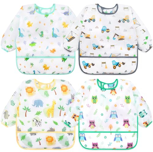 Accmor 4 Pack Long Sleeve Bibs, Baby Smock Waterproof Sleeved Bib Smock for Baby Toddler 6-24 Months